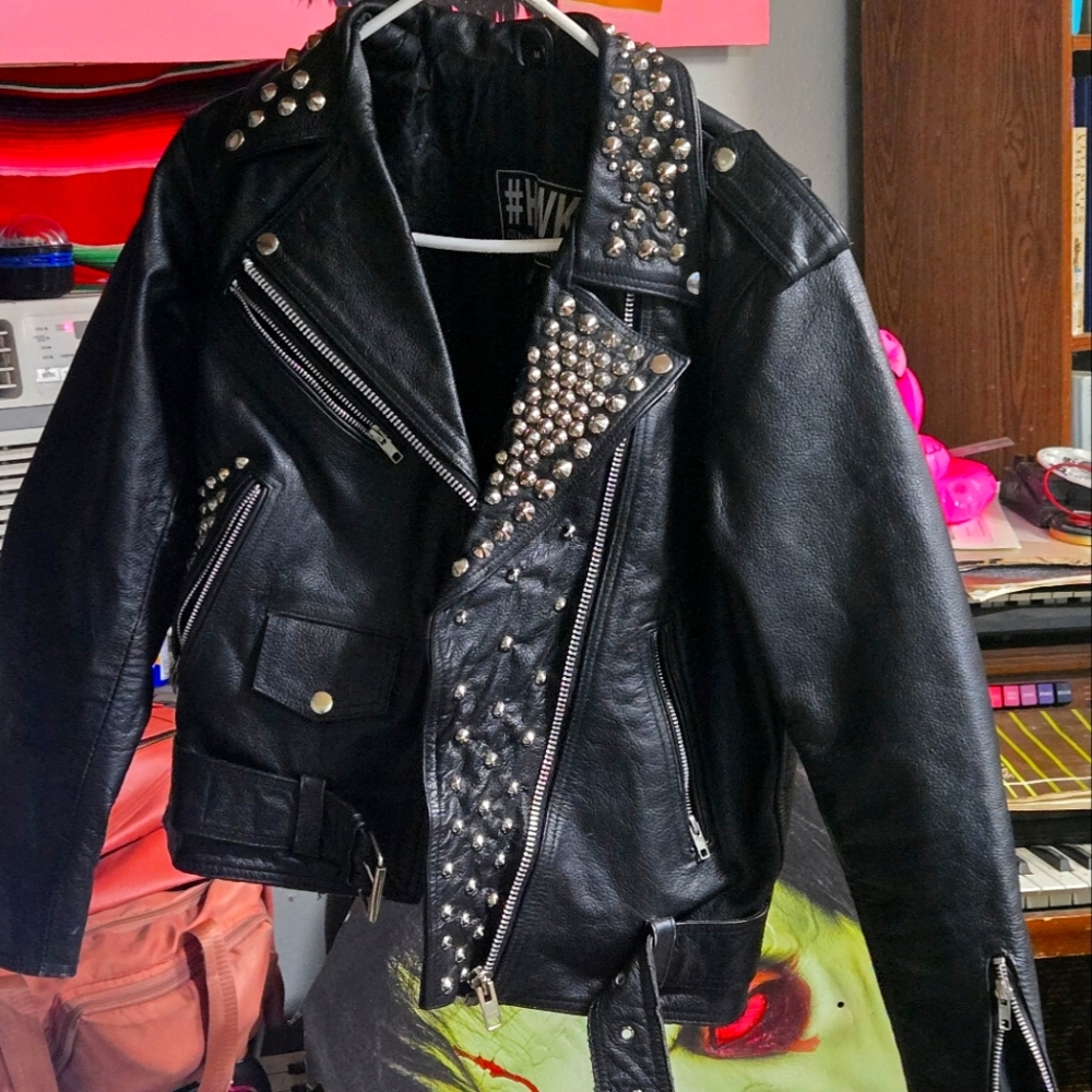 Mens Genuine Leather Jacket, medium, black with studs
